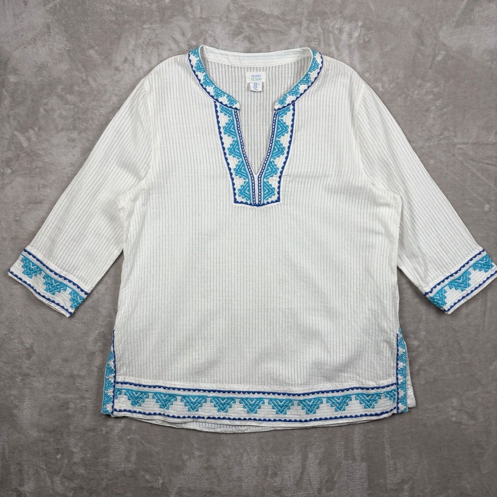 Sigrid Olsen Tunic Top Womens XL White Embroidered Cotton 3/4 Sleeve Boho Beachy
